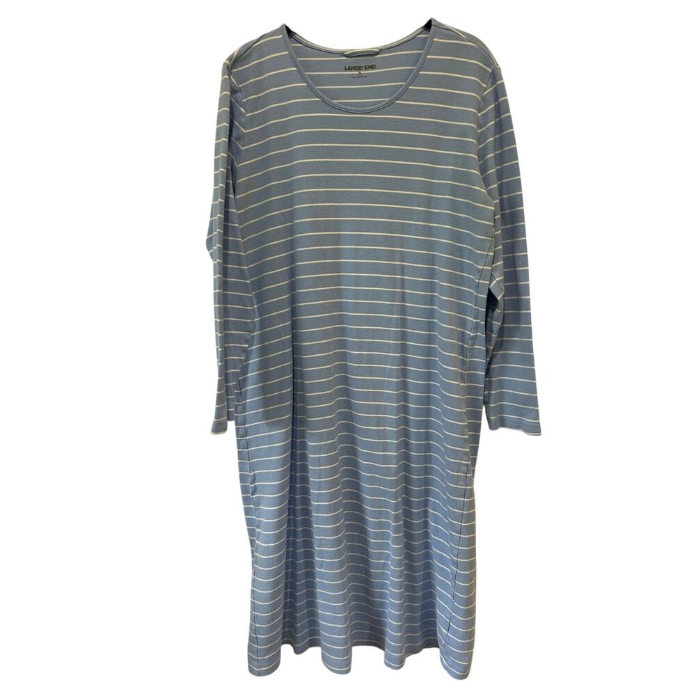 Lands End blue white striped nightgown womens M 100% cotton long sleeve